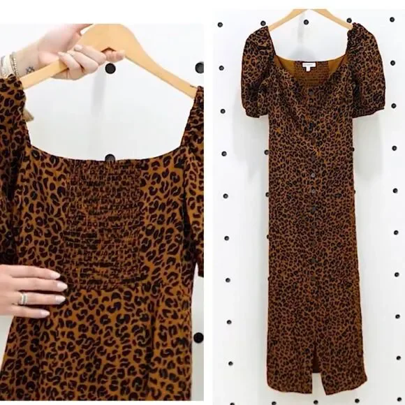 Good American Corset Leopard Print Puff Sleeve Maxi Dress Sml XL  Mocha Mousse - Picture 9 of 15